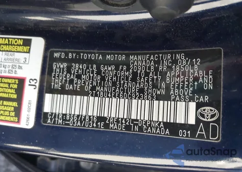 2013 Toyota Corolla Le from USA, damaged, VIN 2T1BU4EE6DC923863